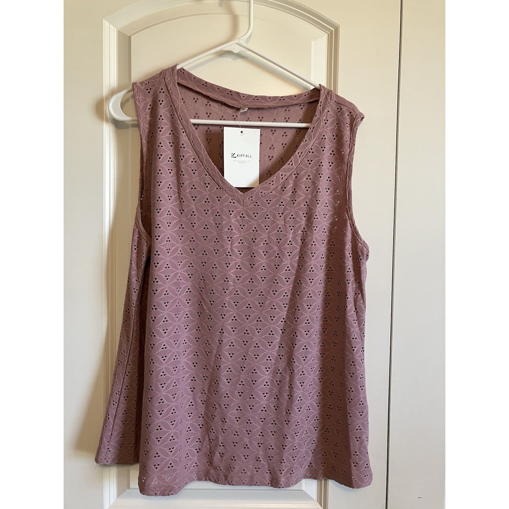 Kipfall Eyelet Tank Top Women XL Rose Pink New V-Neck Sleeveless Blouse C1176